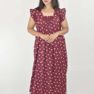 Maroon Maxi Nighty Square Neck Short Sleeves with Pleats