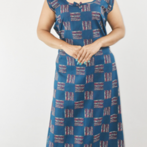Blue Cotton Maxi Nighty Round Neck & Sleeveless