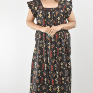 Black Maxi Nighty Square Neck Short Sleeves with Pleats