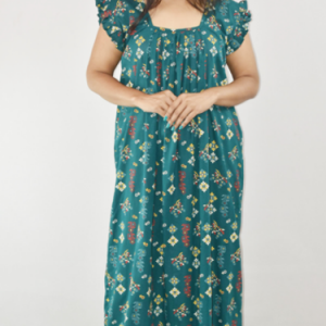 Sea Green Maxi Nighty Square Neck Short Sleeves with Pleats