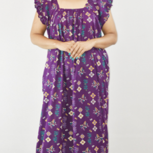 Purple Maxi Nighty Square Neck Short Sleeves with Pleats