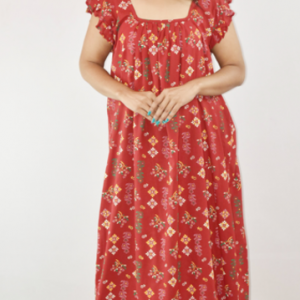 Red Maxi Nighty Square Neck Short Sleeves with Pleats