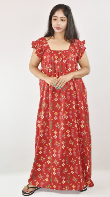 Red Maxi Nighty Square Neck Short Sleeves with Pleats