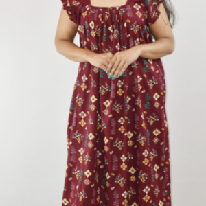 Maroon Maxi Nighty Square Neck Short Sleeves with Pleats