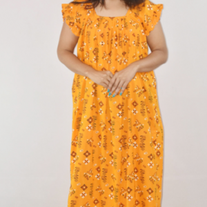 Yellow Maxi Nighty Square Neck Short Sleeves with Pleats