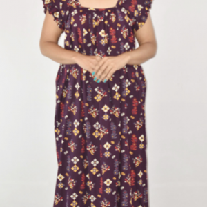 Dark Purple Maxi Nighty Square Neck Short Sleeves with Pleats
