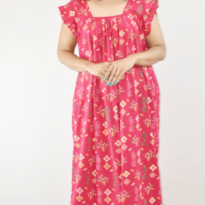Pink Maxi Nighty Square Neck Short Sleeves with Pleats
