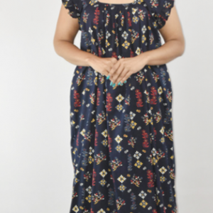 Navy Blue Maxi Nighty Square Neck Short Sleeves with Pleats