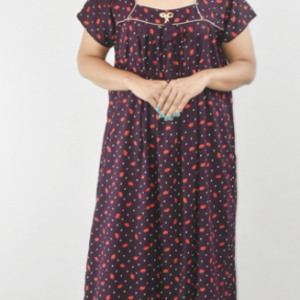 BDROX Dark Maroon Cotton Maxi Nighty Square Neck Short Sleeves with Pipien