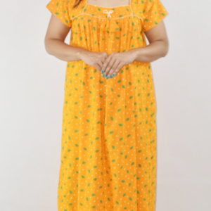 Yellow Cotton Maxi Nighty Square Neck Short Sleeves with Pipien