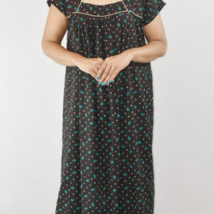 Black Cotton Maxi Nighty Square Neck Short Sleeves with Pipien