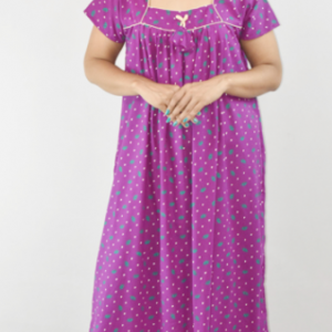 Violet Cotton Maxi Nighty Square Neck Short Sleeves with Pipien