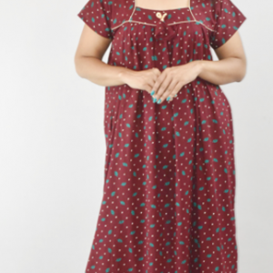 Maroon Cotton Maxi Nighty Square Neck Short Sleeves with Pipien