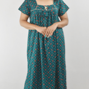 BDROX Sea Green Cotton Maxi Nighty Square Neck Short Sleeves with Pipien