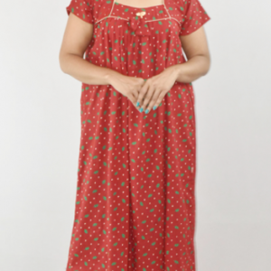 Red Cotton Maxi Nighty Square Neck Short Sleeves with Pipien