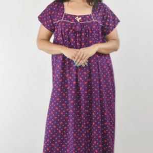Purple Cotton Maxi Nighty Square Neck Short Sleeves with Pipien