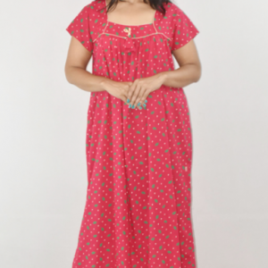 Pink Cotton Maxi Nighty Square Neck Short Sleeves with Pipien
