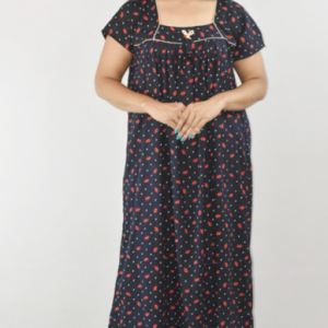 Navy Blue Cotton Maxi Nighty Square Neck Short Sleeves with Pipien