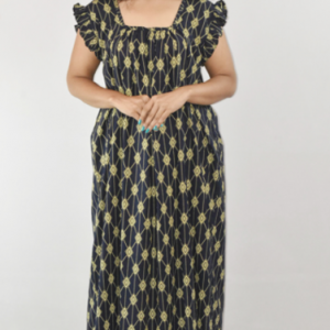 BDROX Navy Blue Maxi Nighty Square Neck Short Sleeves with Pleats