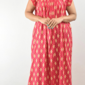 Pink Maxi Nighty Square Neck Short Sleeves with Pleats