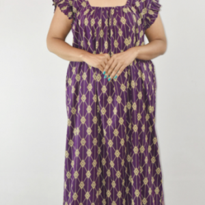 Purple Maxi Nighty Square Neck Short Sleeves with Pleats