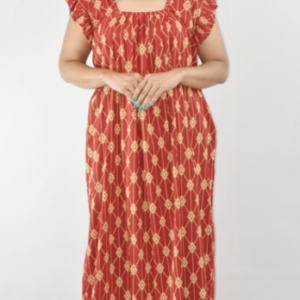 Red Maxi Nighty Square Neck Short Sleeves with Pleats