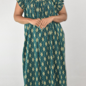 Sea Green Maxi Nighty Square Neck Short Sleeves with Pleats