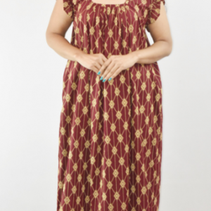 BDROX Maroon Maxi Nighty Square Neck Short Sleeves with Pleats