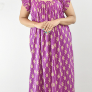 Violet Maxi Nighty Square Neck Short Sleeves with Pleats