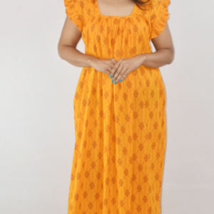 Yellow Maxi Nighty Square Neck Short Sleeves with Pleats