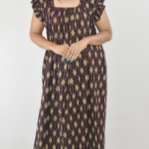 Coffee Maxi Nighty Square Neck Short Sleeves with Pleats