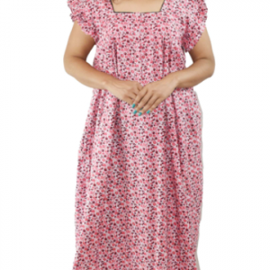 BDROX Red Cotton Maxi Nighty Round Neck Front Button & Short sleeves