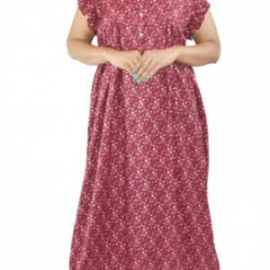 BDROX Maroon Cotton Maxi Nighty Round Neck Front Button & Short sleeves