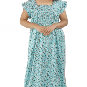BDROX Sea Green Cotton Maxi Nighty Round Neck Front Button & Short sleeves