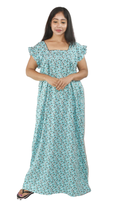 BDROX Sea Green Cotton Maxi Nighty Round Neck Front Button & Short sleeves