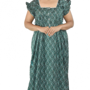 BDROX Green Cotton Maxi Nighty Round Neck Front Button & Short sleeves