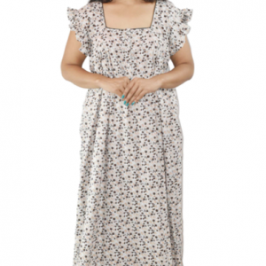 BDROX Grey Cotton Maxi Nighty Round Neck Front Button & Short sleeves