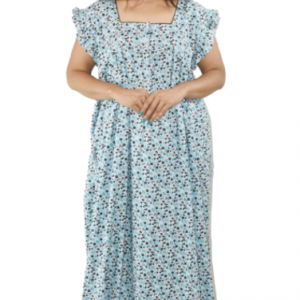 BDROX Sky Blue Cotton Maxi Nighty Round Neck Front Button & Short sleeves
