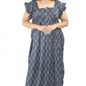 BDROX Navy Blue Cotton Maxi Nighty Round Neck Front Button & Short sleeves