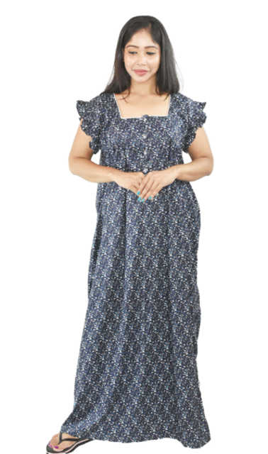 BDROX Navy Blue Cotton Maxi Nighty Round Neck Front Button & Short sleeves