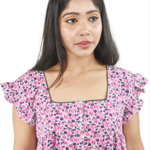 BDROX Pink Cotton Maxi Nighty Round Neck Front Button & Short sleeves