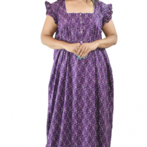 BDROX Purple Cotton Maxi Nighty Round Neck Front Button & Short sleeves