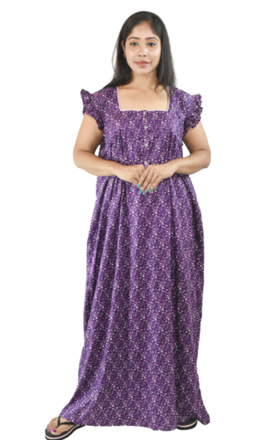 BDROX Purple Cotton Maxi Nighty Round Neck Front Button & Short sleeves