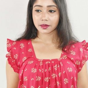 BDROX Pink Maxi Nighty Square Neck Short Sleeves with Pleats
