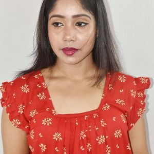 Red Cotton Maxi Nighty Square Neck Short Sleeves with Pleats