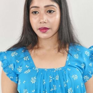 Blue Cotton Maxi Nighty Square Neck Short Sleeves with Pleats