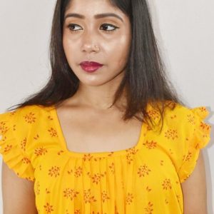 Yellow Maxi Nighty Square Neck Short Sleeves with Pleats