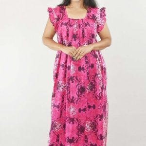 Pink Cotton Maxi Nighty Square Neck Short Sleeves with Pleats