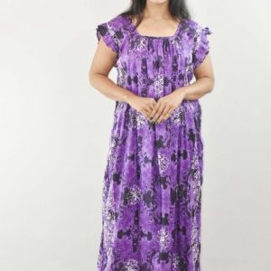 Purple Cotton Maxi Nighty Square Neck Short Sleeves with Pleats