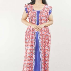 BDROX Blue Maxi Nighty Square Neck Short Sleeves with Pleats
